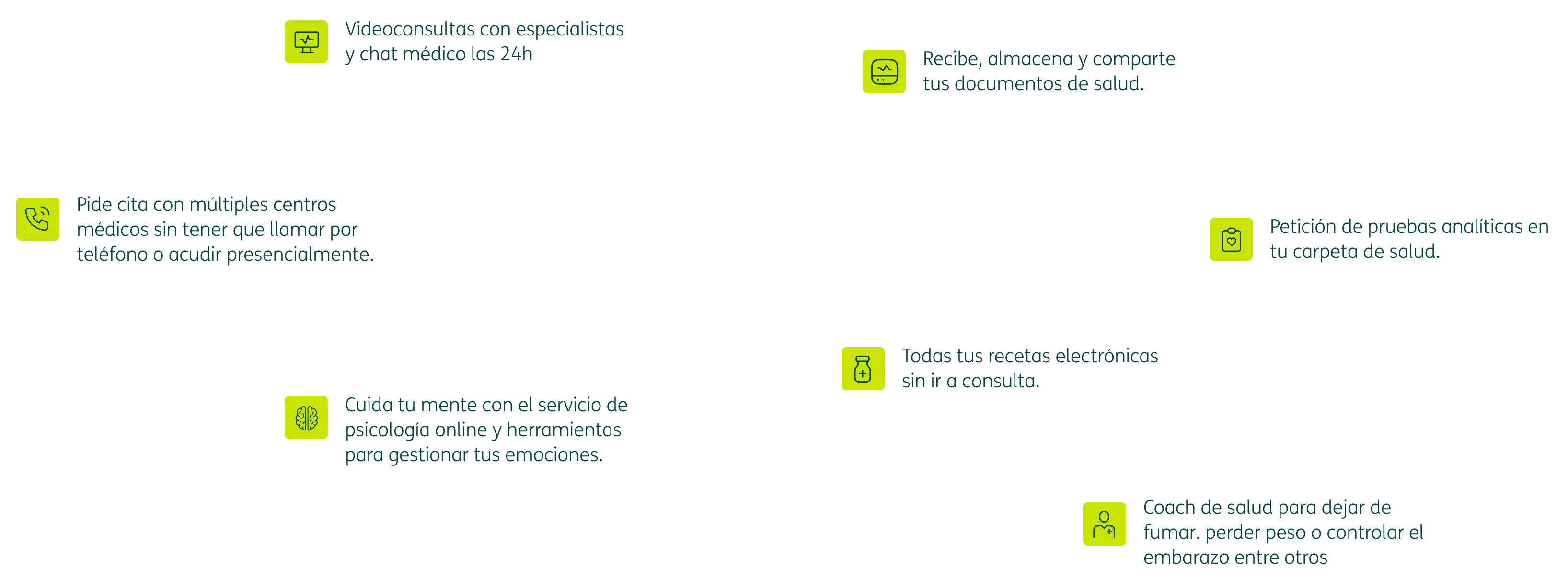 Consultas médicas online, chat con especialistas y mucho más Tarjetas informativas de las funcionalidades de la app Quiero Cuidarme Más