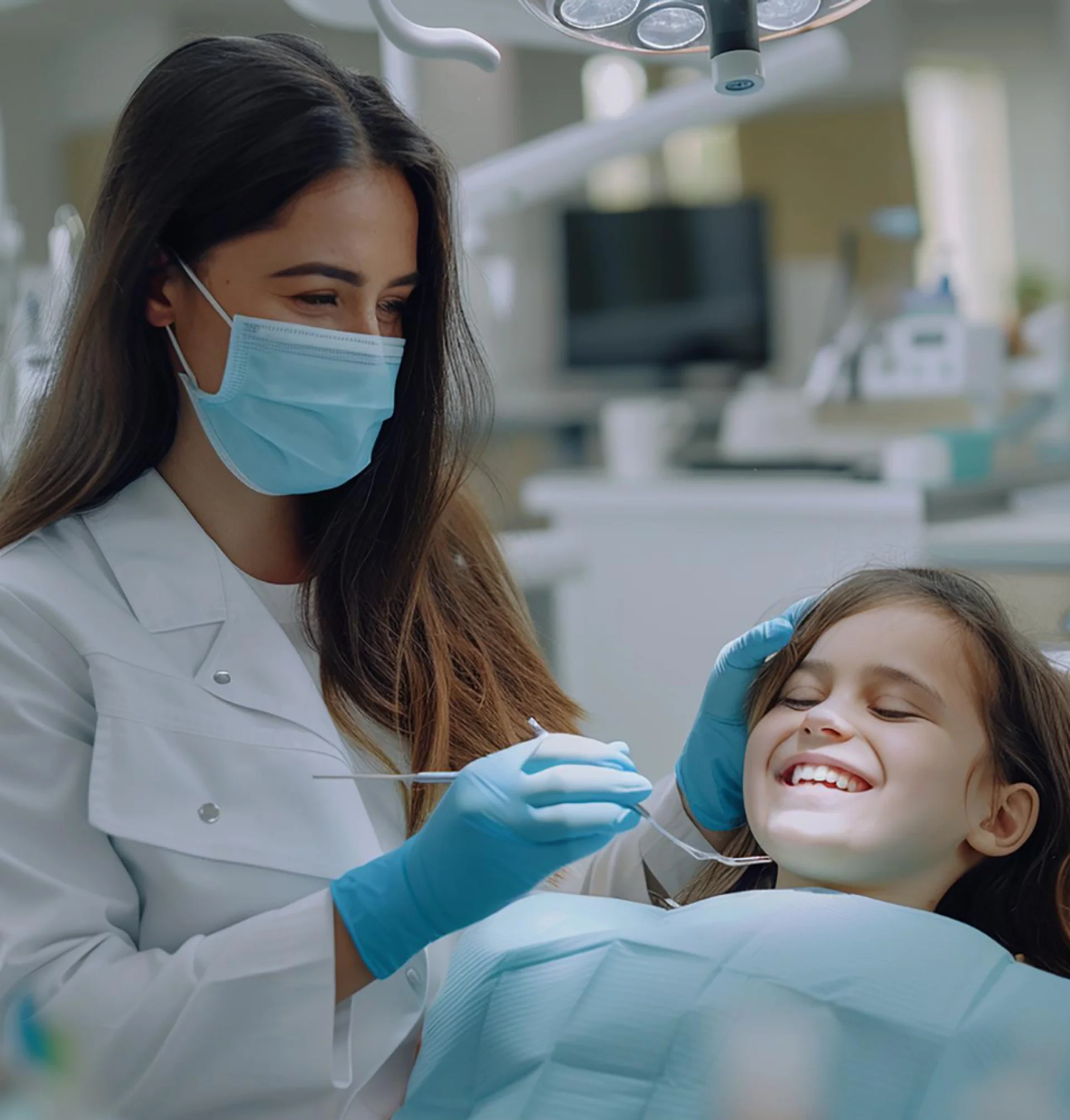 Odontólogo realizando revisión dental a una niña de forma profesional